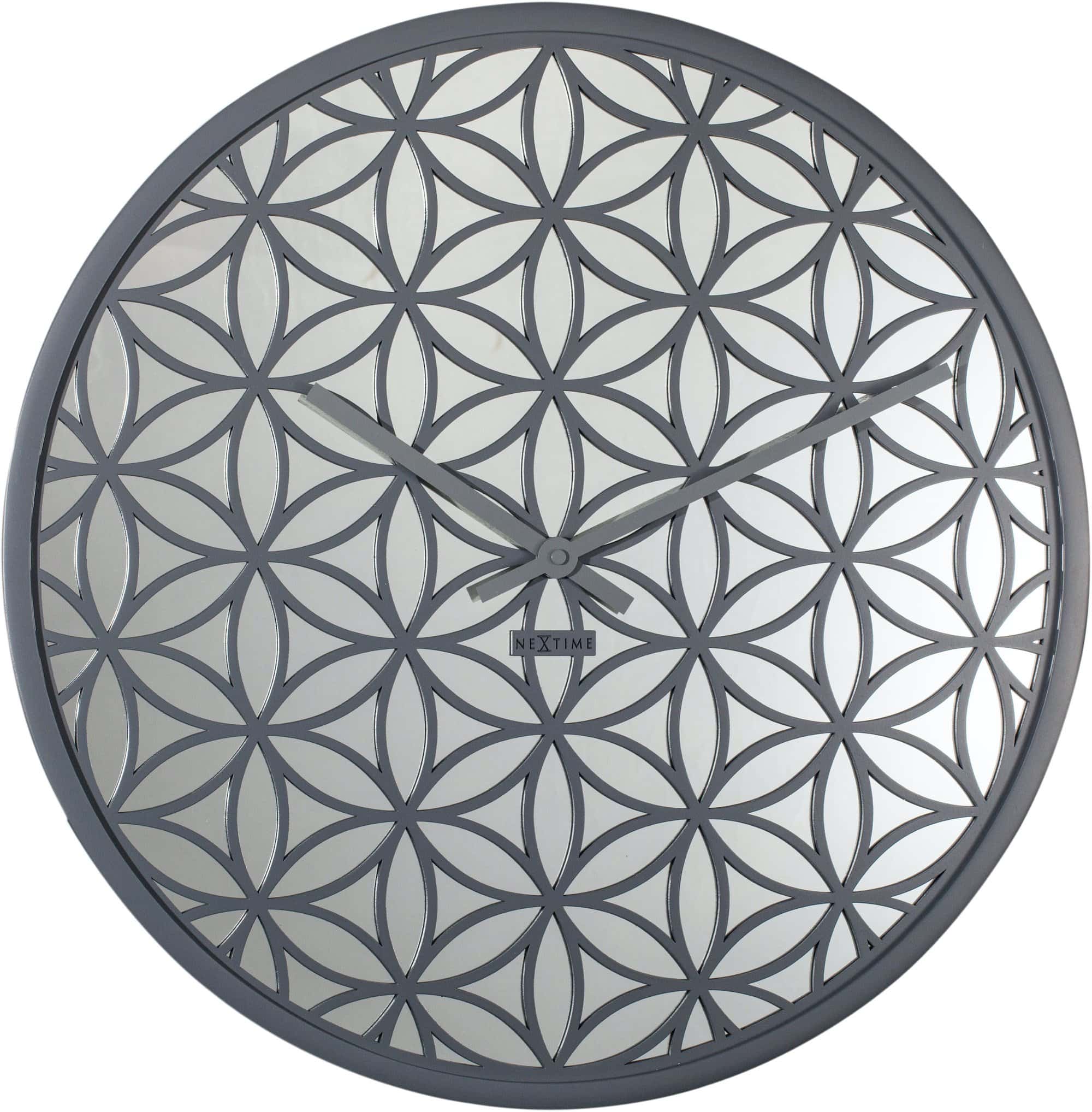 NeXtime Wall clock with 50cm wooden frame and mirror accents, titled Bella Mirror, showcasing a modern decorative design.